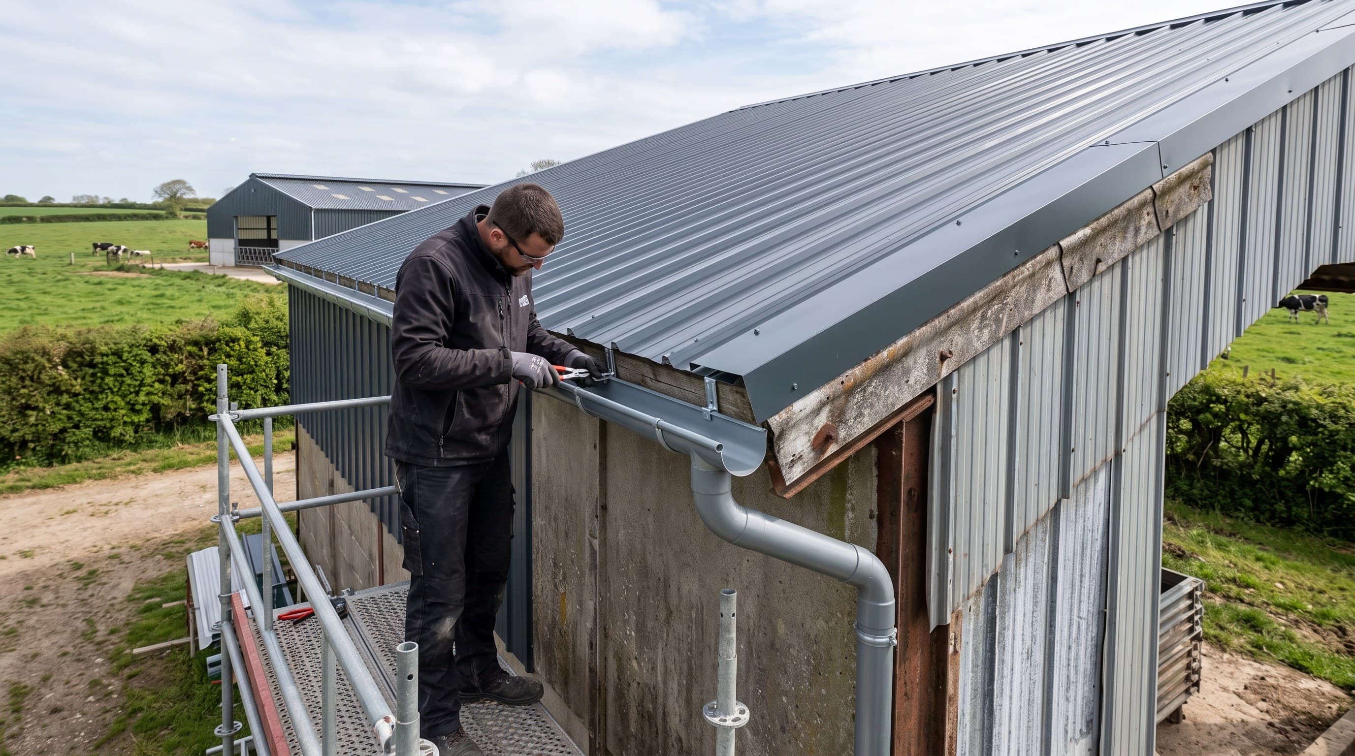 Gouttières et eaux pluviales sur bâtiment agricole