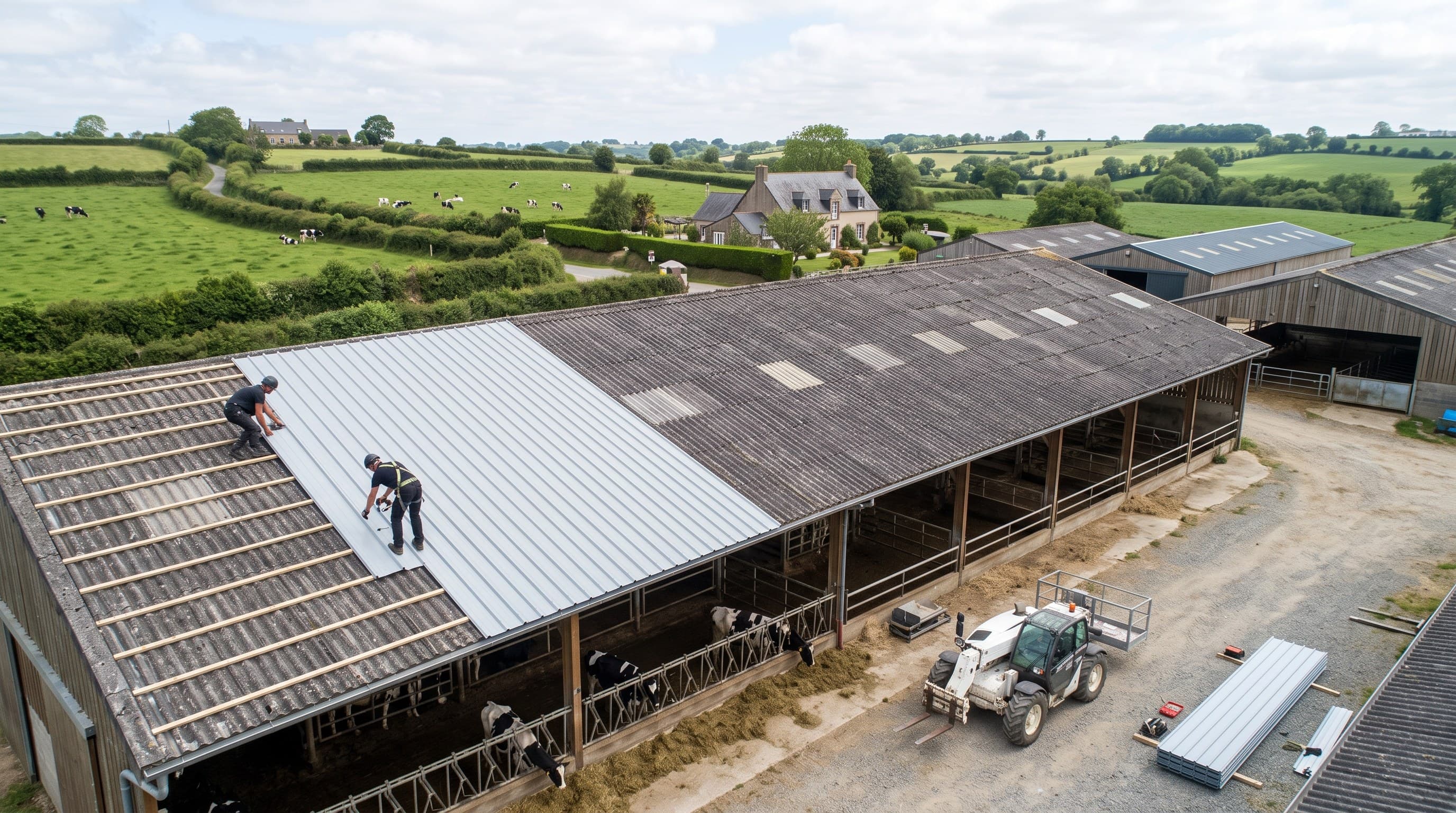 Pose de bac acier neuf par-dessus la couverture existante d'un bâtiment d'élevage laitier du bocage de la Manche