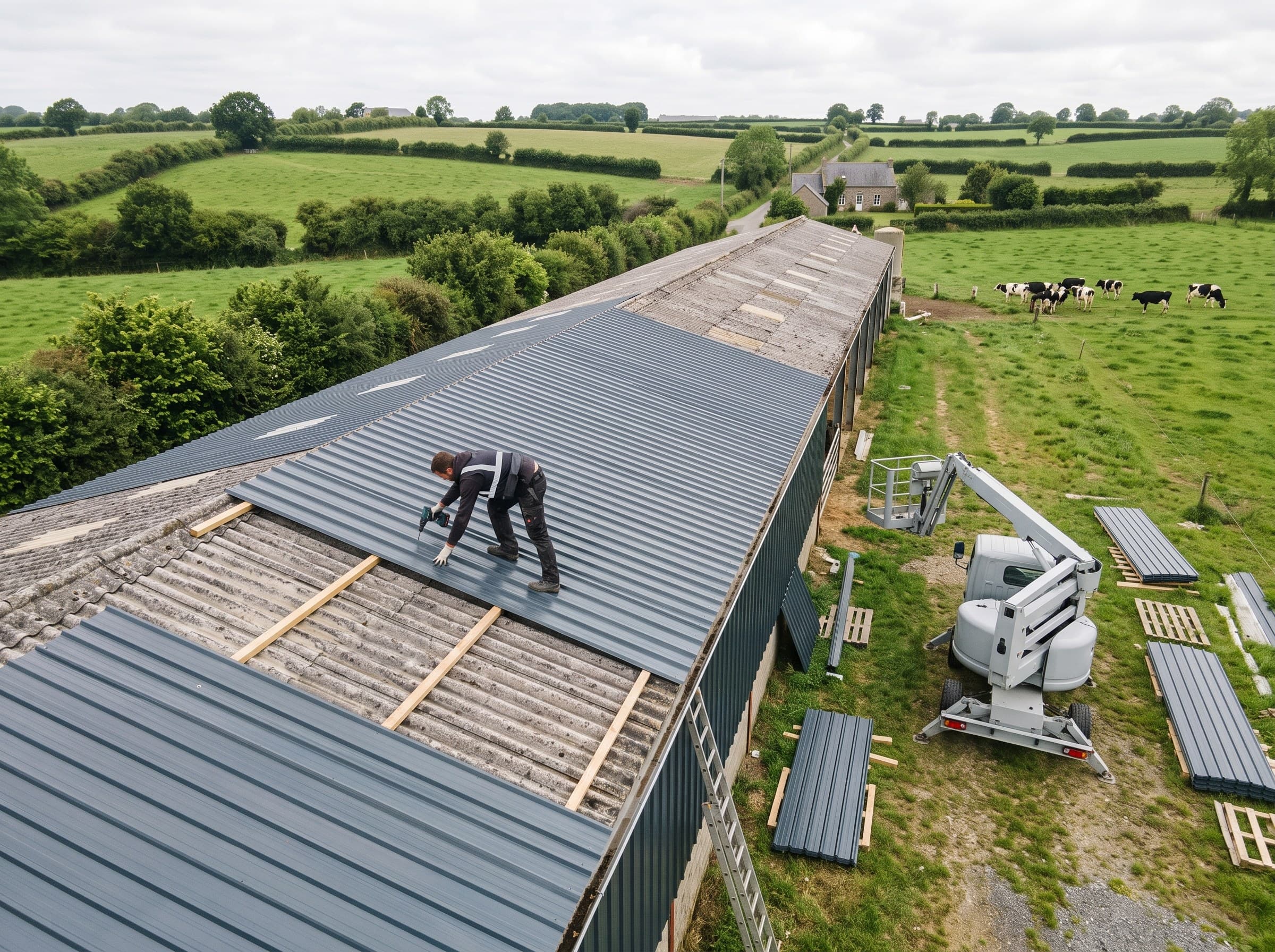 Bâtiment agricole isolé sur le relief doux de l'Avranchin, haies bocagères denses tout autour