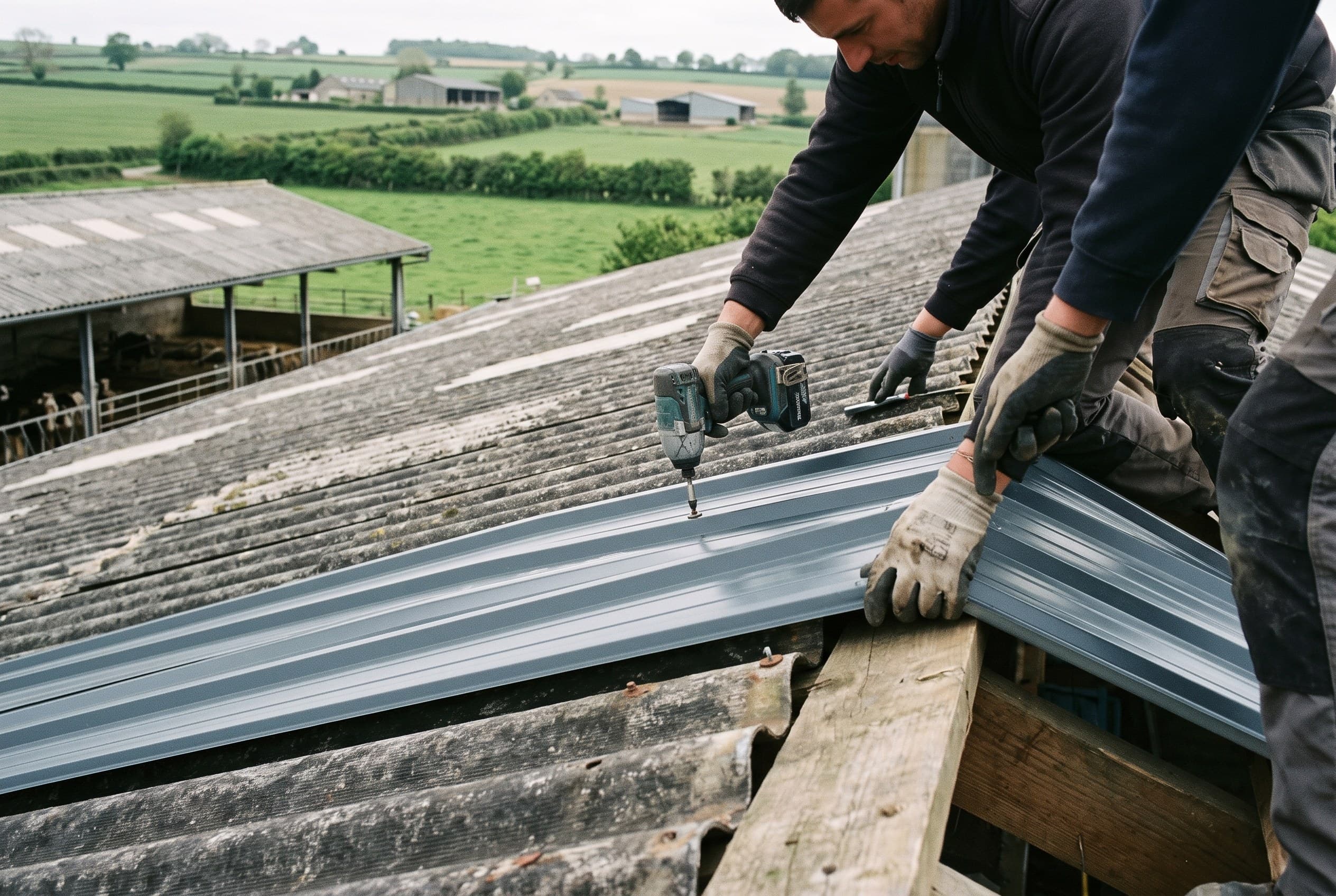 Alignement et vissage de panneaux de bac acier sur une longue toiture agricole, bocage du Bessin