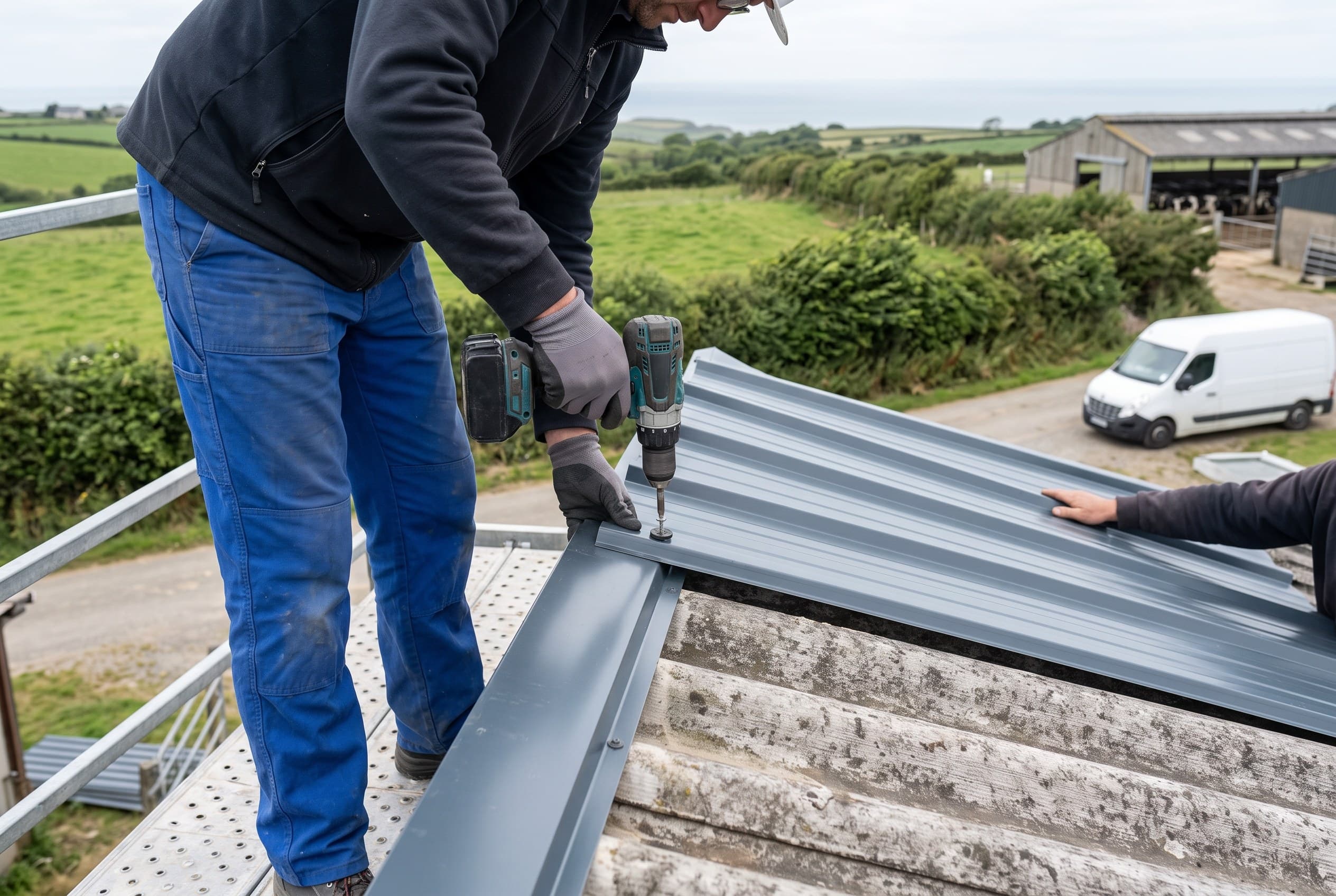 Fixation renforcée d'un panneau de bac acier en rive de toiture, chantier exposé au vent du large près de Bréhal