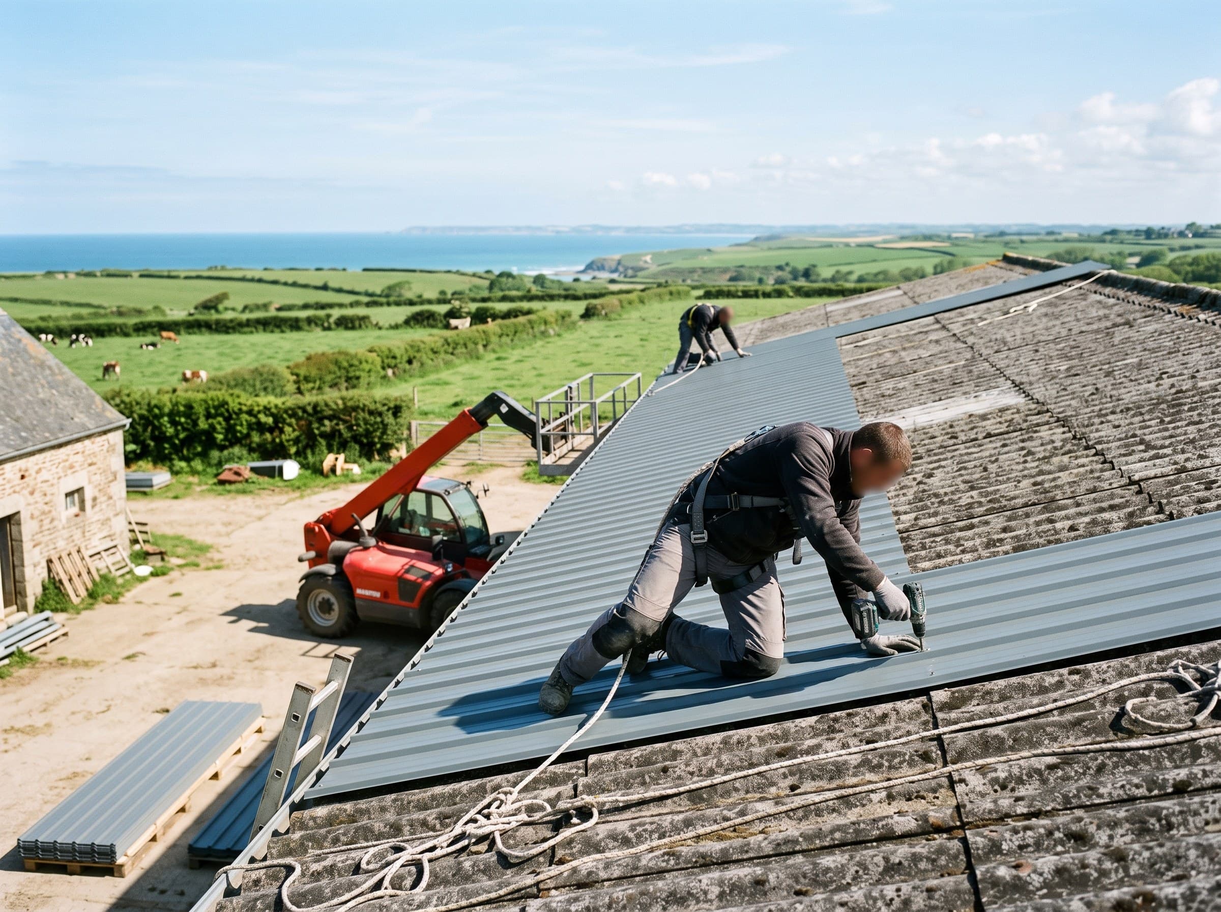 Bâtiment agricole exposé au vent du large sur le littoral ouest de la Manche, ciel dégagé près de Bréhal