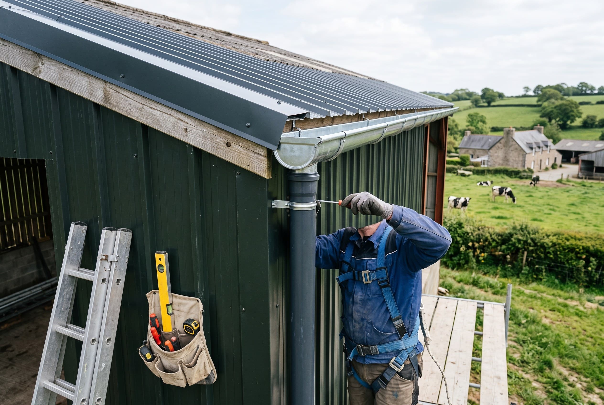 Installation d'une descente d'eaux pluviales sur un bâtiment agricole du marais du Cotentin