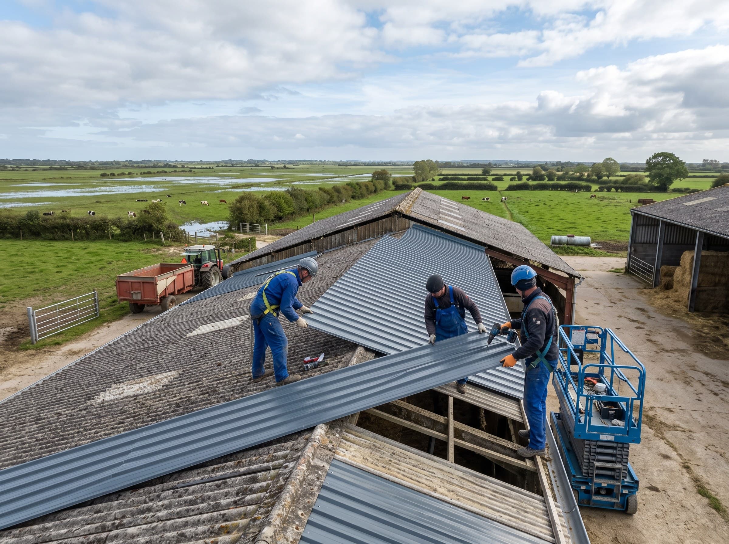Bâtiment d'élevage en bordure des marais du Cotentin, prairies inondables sous un ciel largement ouvert
