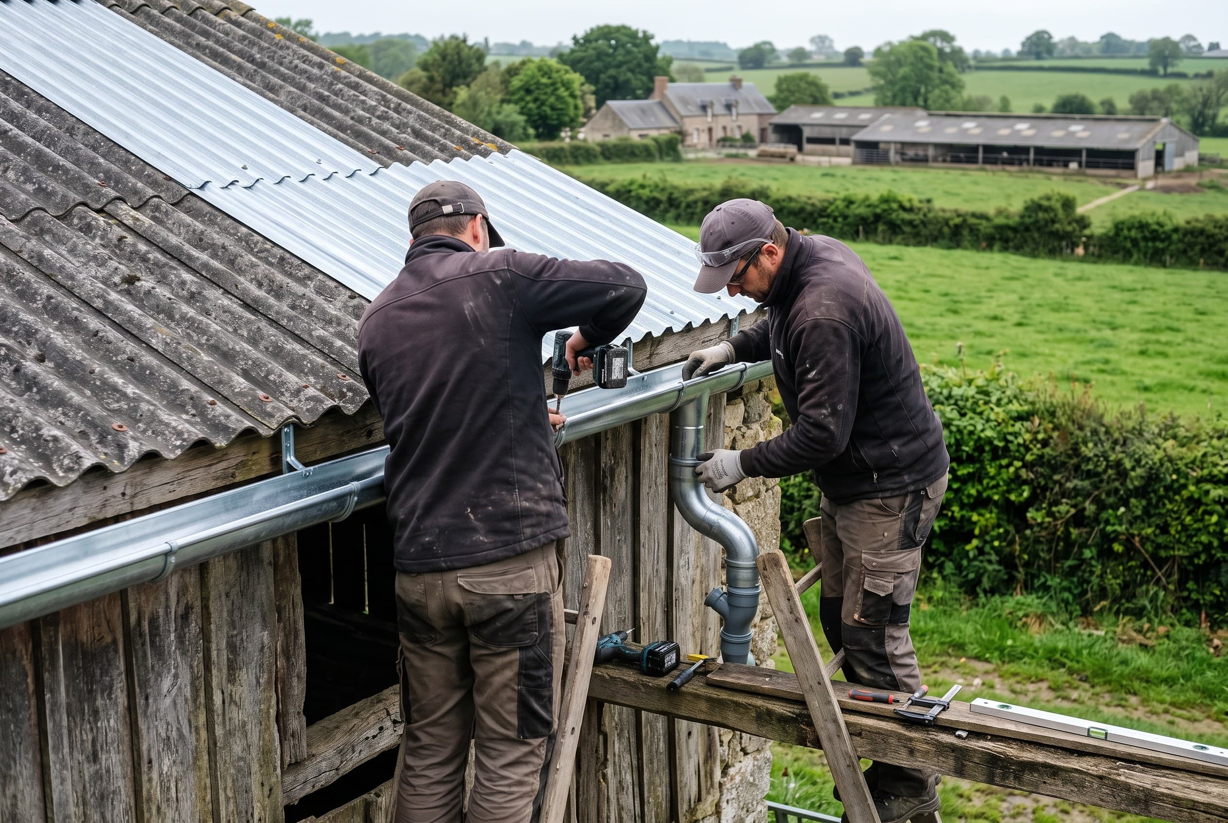 Pose d'une gouttière et raccord d'évacuation sur un bâtiment agricole en secteur humide, secteur de Périers