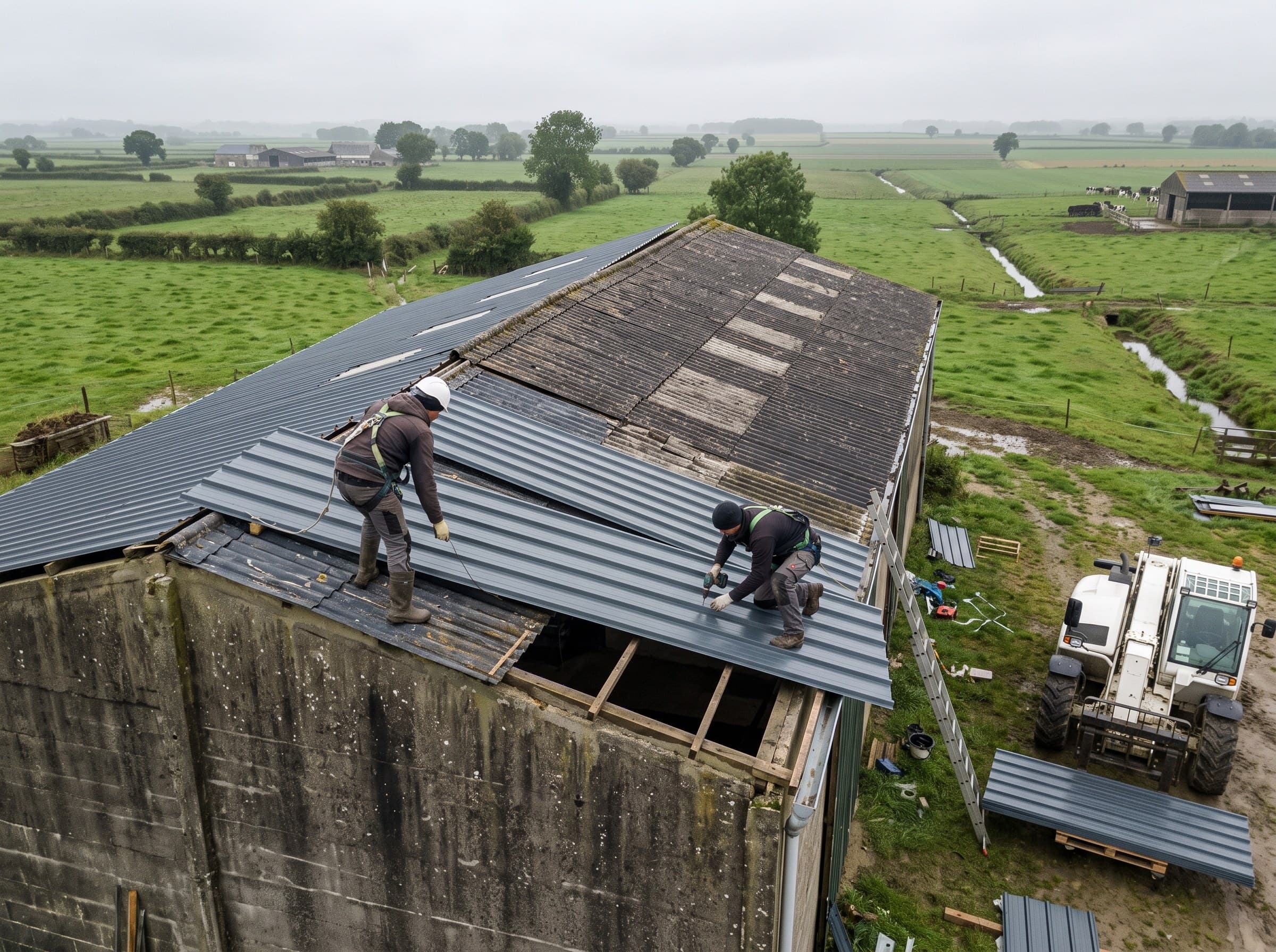Bâtiment de stockage agricole entre plaine et marais de l'ouest Manche, fossés bas près de Périers