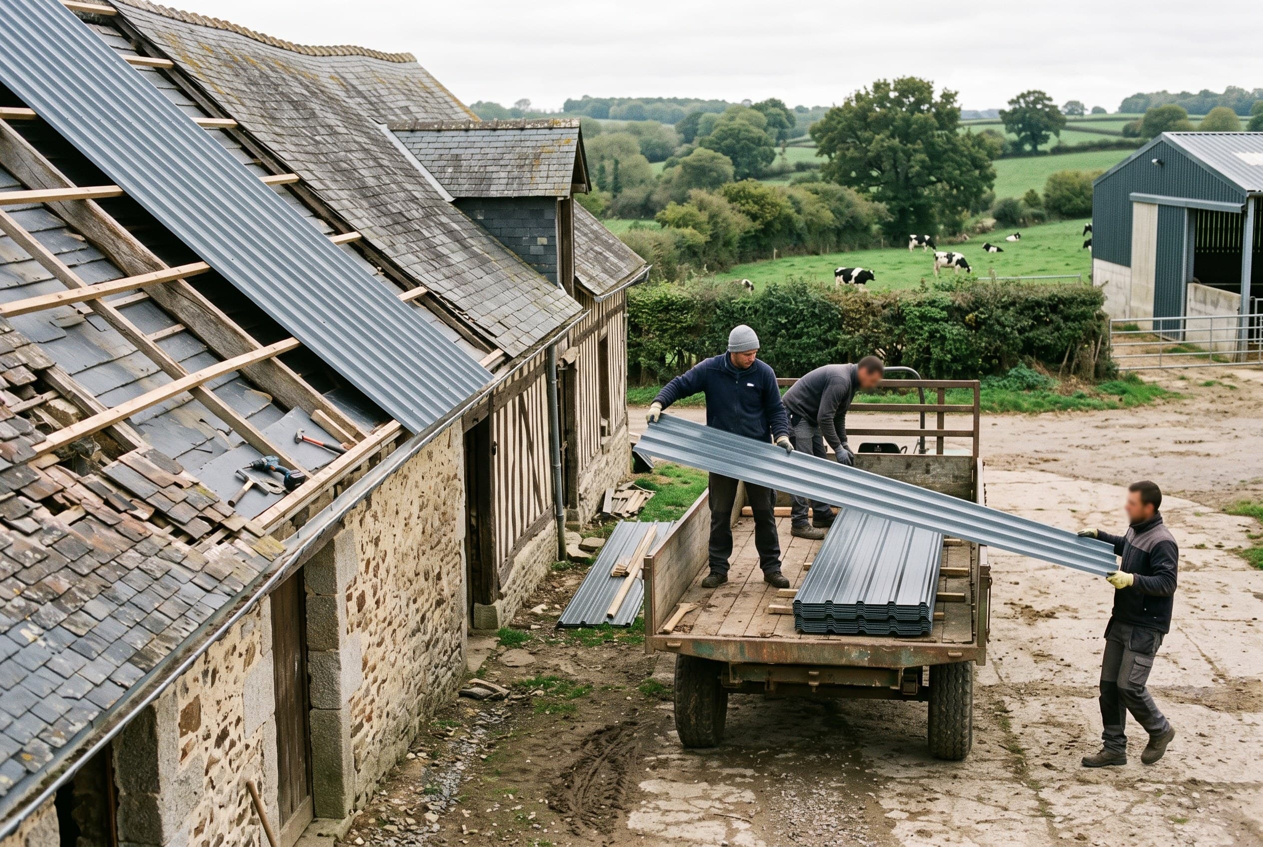 Déchargement de panneaux de bac acier depuis une remorque au pied d'un bâtiment agricole ancien, confins bocagers du sud Manche