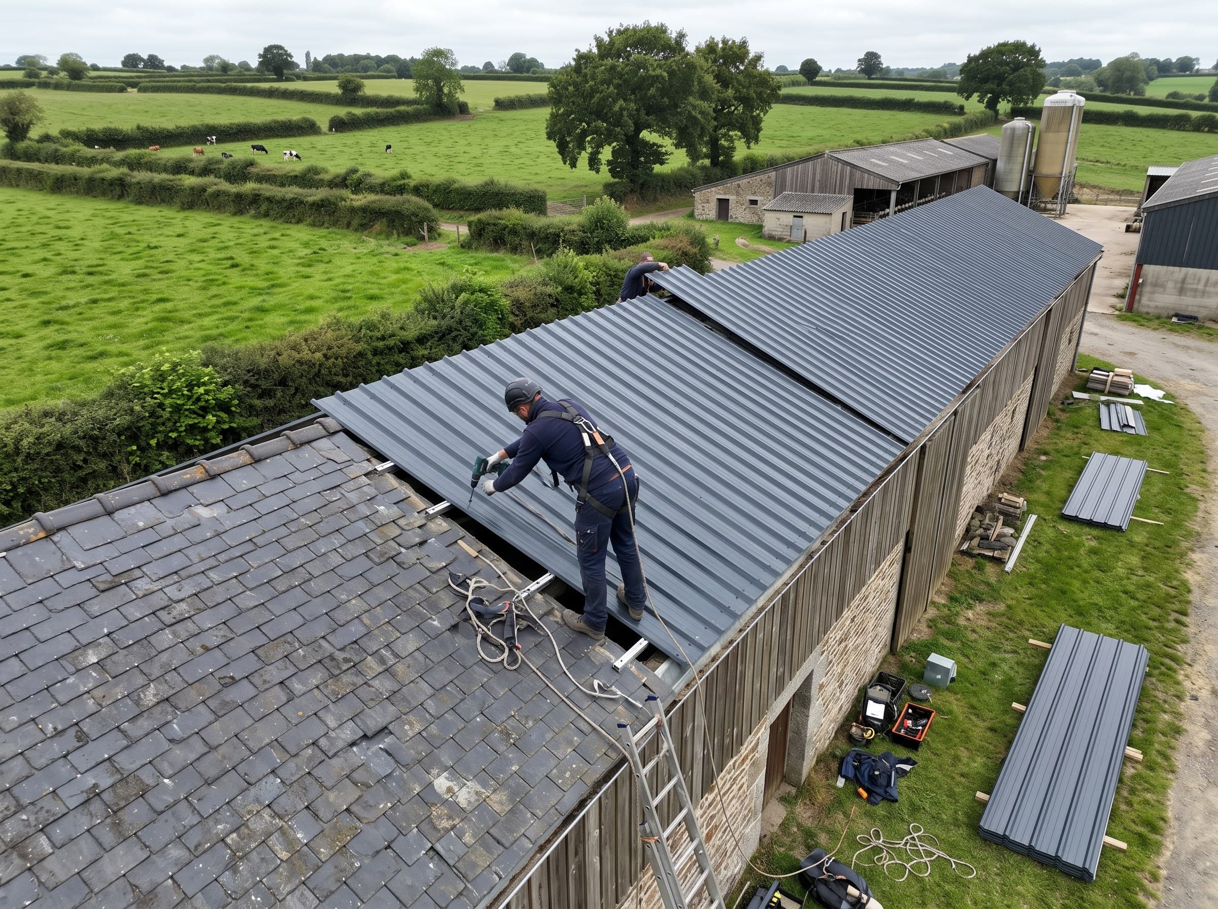 Stabulation laitière au cœur du bocage saint-lois, toiture fibrociment longue sous un ciel normand