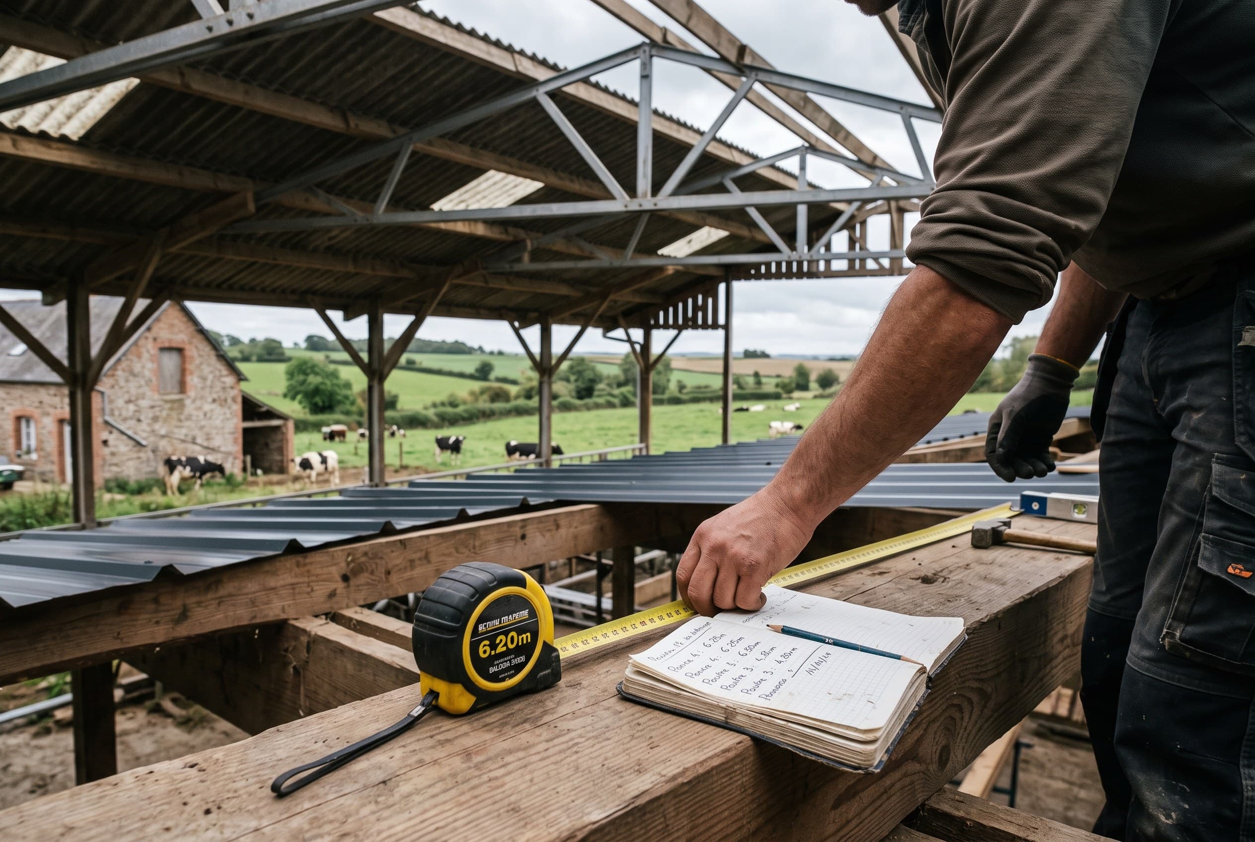 Relevé de mesures de charpente à l'intérieur d'un bâtiment agricole, mètre et carnet de mesures, bocage du sud Manche