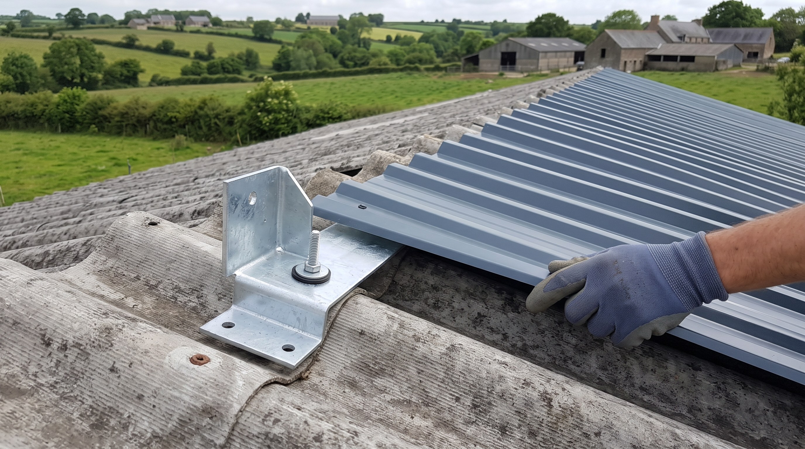 Détail de l'ossature qui traverse la toiture existante pour s'ancrer dans la charpente, scène de chantier réaliste, une seule main visible guidant une fixation
