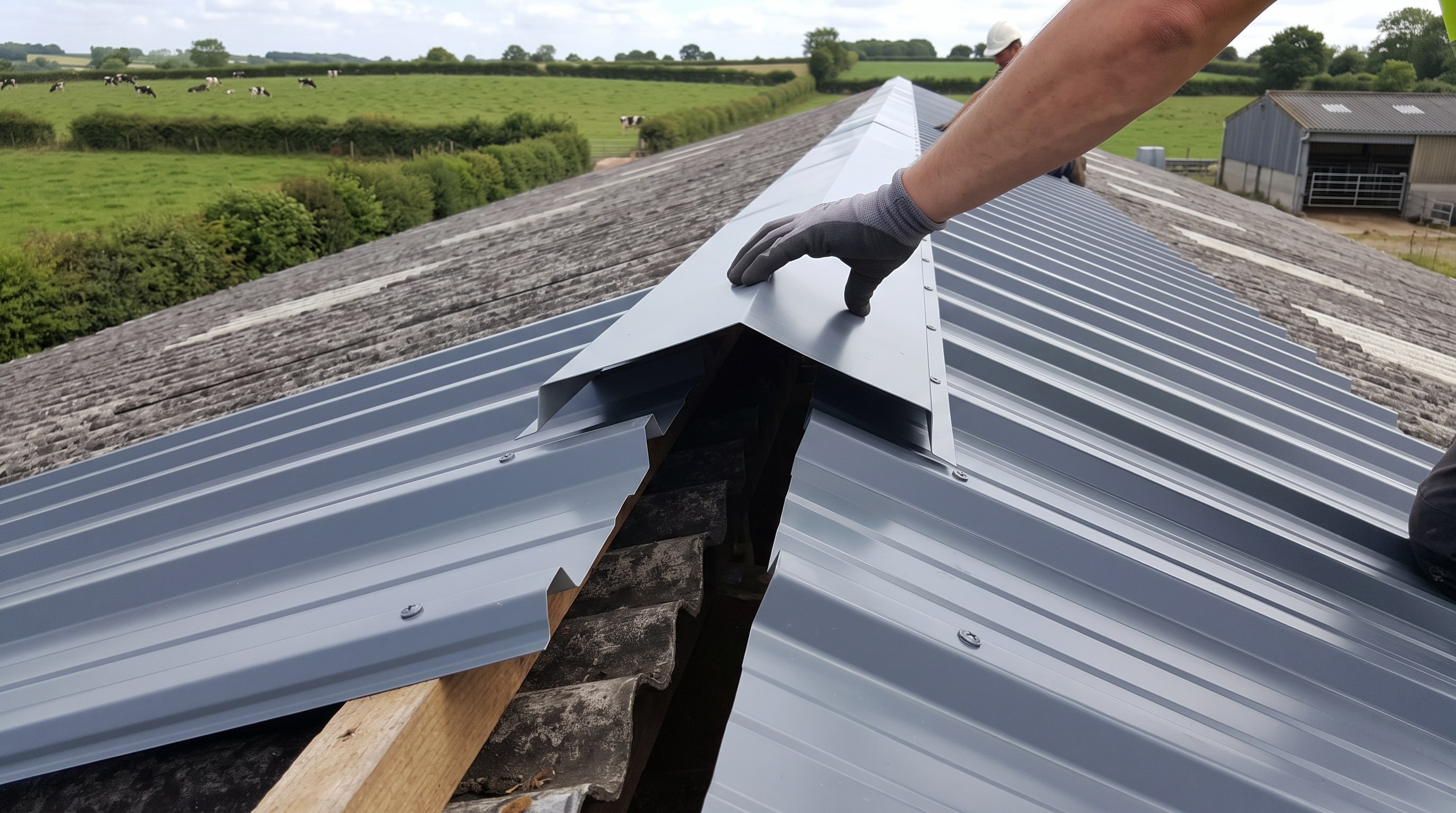 Détail d'un faîtage ventilé sur bâtiment agricole, pièce de recouvrement laissant un passage d'air visible
